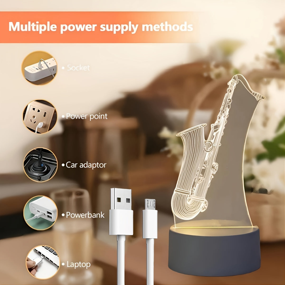 SaxGlow - 3D Saxofon LED Nattljus, USB-Driven Bords- och Lampa Carvallo