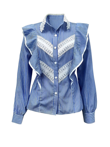 Dam Skjorta Långärmad Randig med Ruffles Mjukt Tyg Hemnix