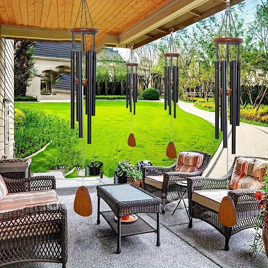 Elegant vindspel i svart aluminium - hängande dekoration med 6 rör för trädgård, uteplats och utomhusutrymmen MILA Sverige