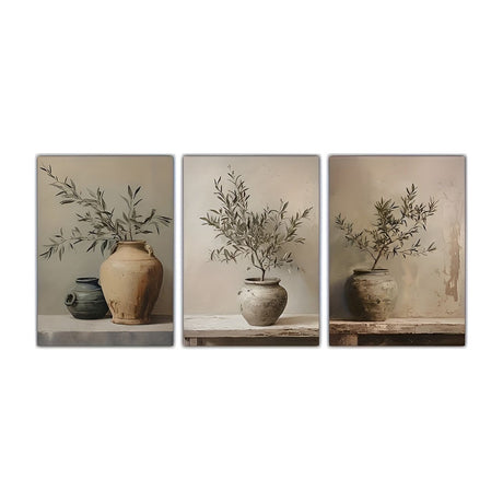 OliveVase Canvas Art - Vintage Minimalist 3-delad Botanisk Väggkonst Carvallo