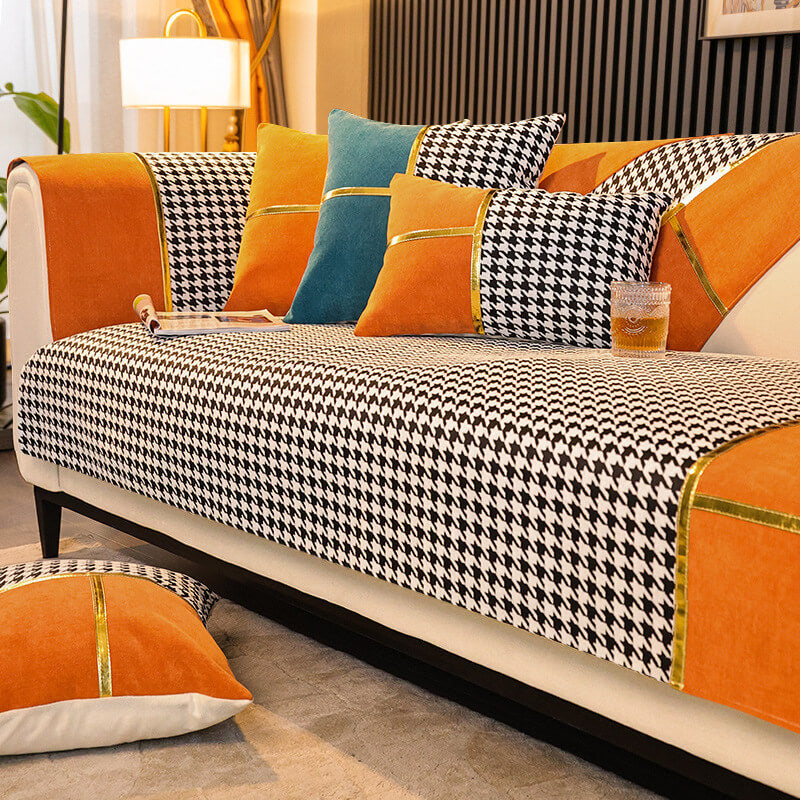 Klassisk Houndstooth-tryck Chenille Halkfri Sofföverdrag Carvallo