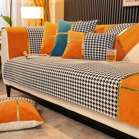 Klassisk Houndstooth-tryck Chenille Halkfri Sofföverdrag Carvallo