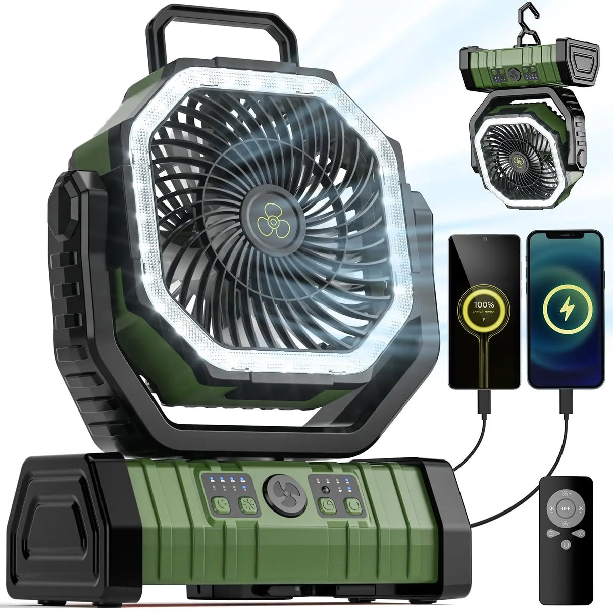 20000mAh uppladdningsbar campingfläkt med LED-lampa och USB-strömbank Carvallo
