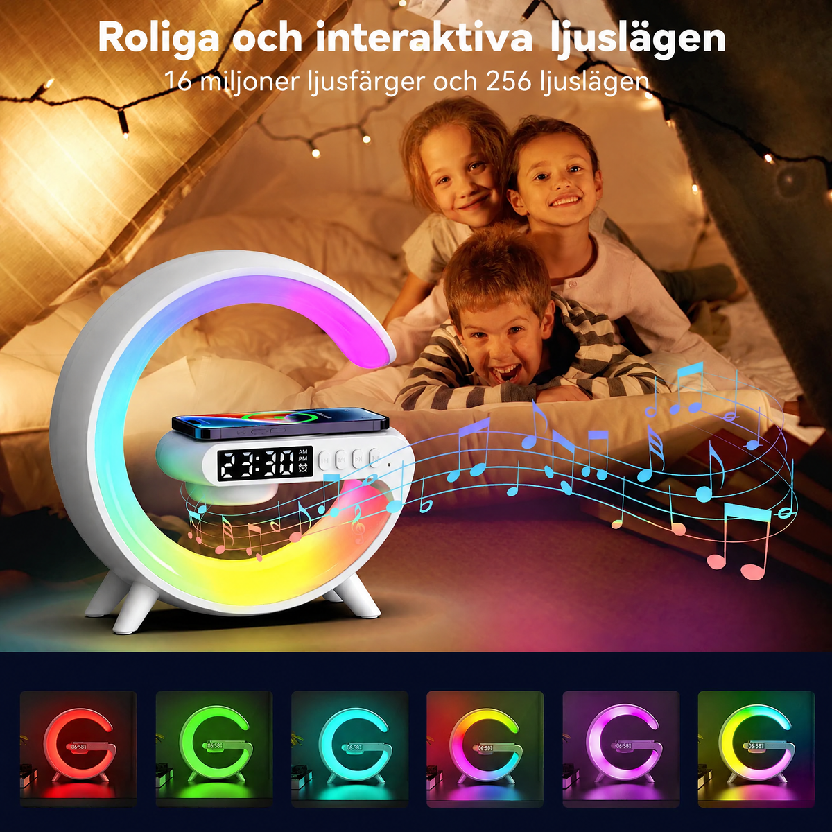 Väckarklocka med trådlös laddning och högtalare