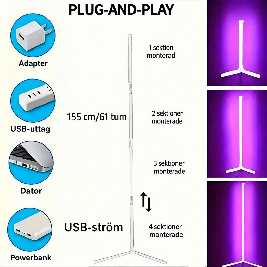Hörnlampa RGB – golvlampa med fjärrkontroll