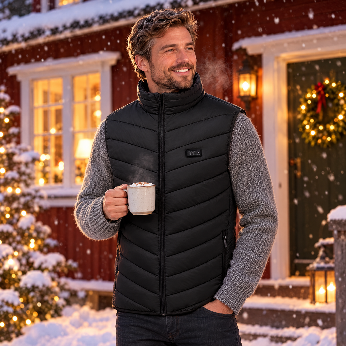 Man i svart värmeväst med USB framför ett snöigt rött hus en julkväll