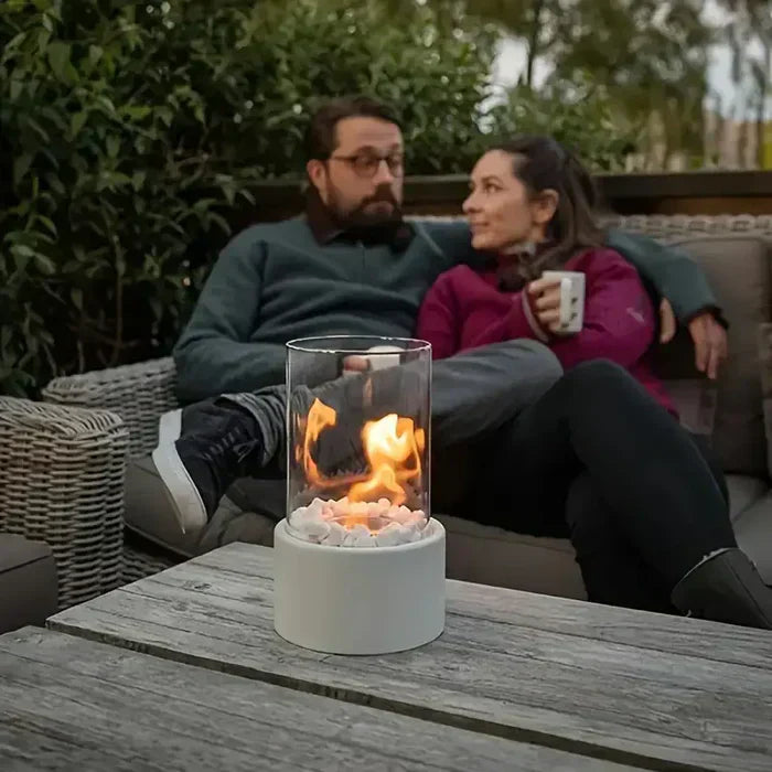 Carvallo FlammaLume | Bärbar dekoration eldslampa | Moderndesign & flammeffekt | För inomhus & utomhus | Rund av stål & glas Carvallo