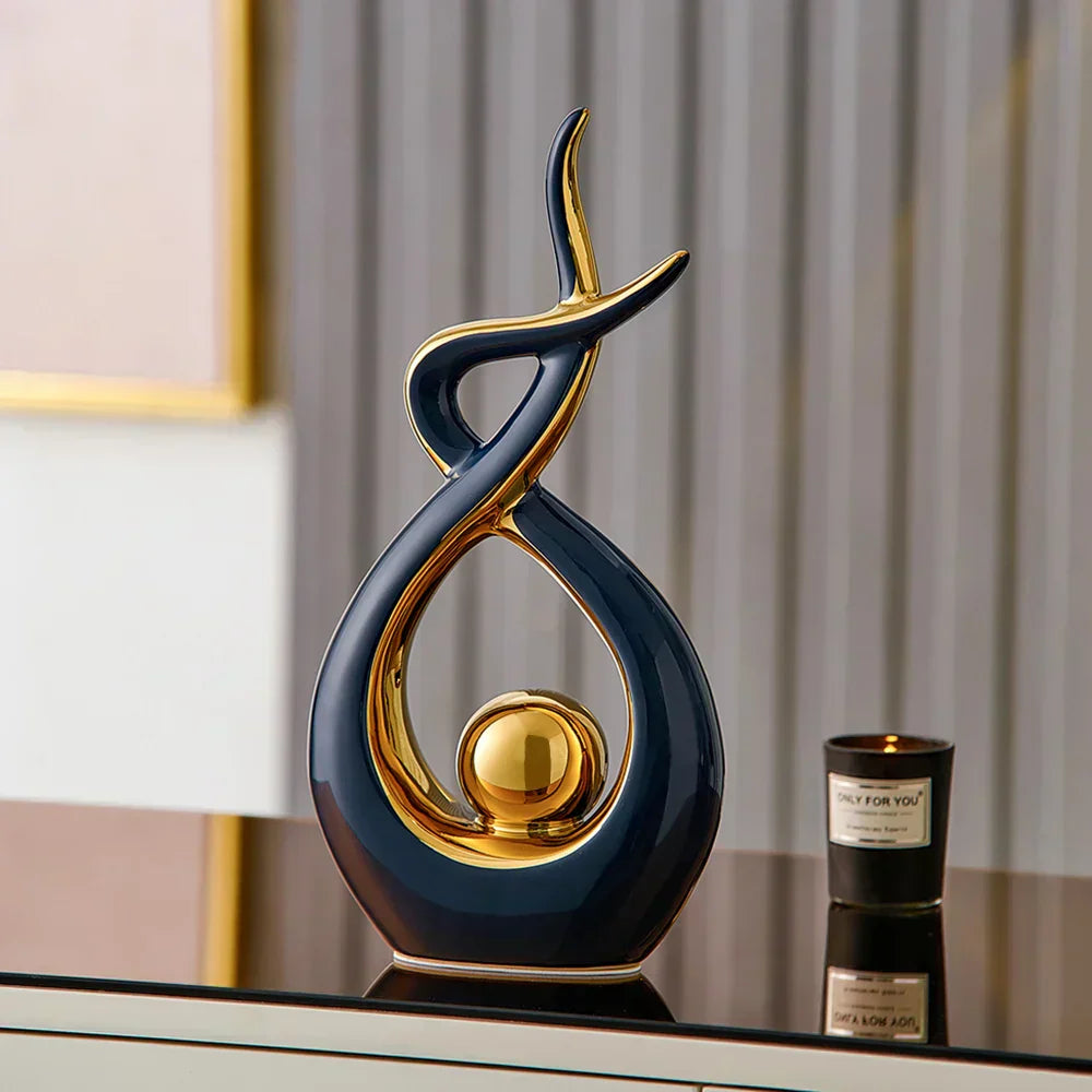 Abstrakt Keramisk Skulptur | Modern Inredning med Guld Accenter | Hylla eller Skrivbordsornament Carvallo