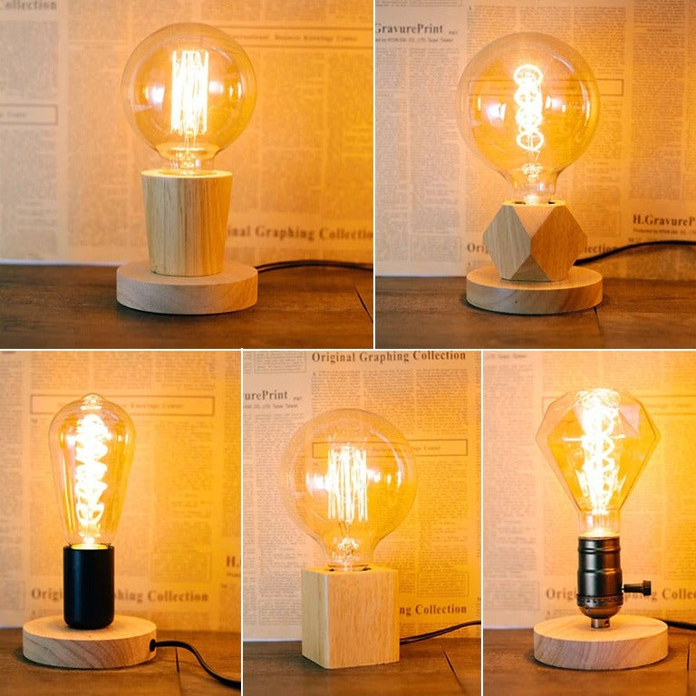 Vintage Edison Sänglampa med Träbas och Bronzefinish Carvallo