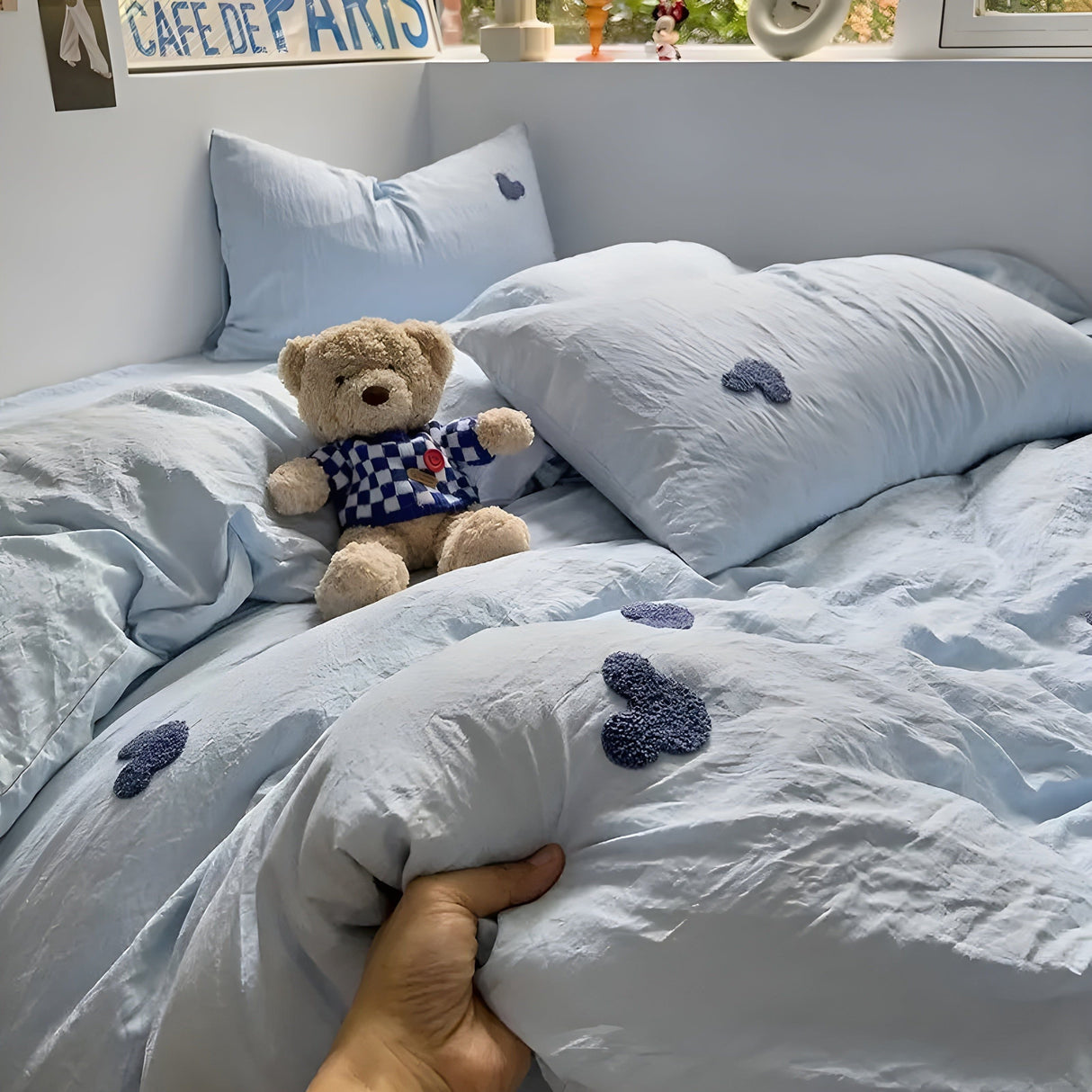 SweetNest Sängkläder Set - Avslappnad Broderad Hjärta Täcke Sängkläder Set (1 Filt + 1 Duvet Täcka + 2 Kuddöverdrag) Carvallo