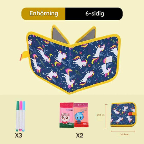 DoodleBloom – Återanvändningsbar Ritbok för Barn | Torkbar & Bärbar Kreativitet med Magisk Penna-Art & Drawing Toys-BB-Gul enhörning-6 sidor-Hemnix