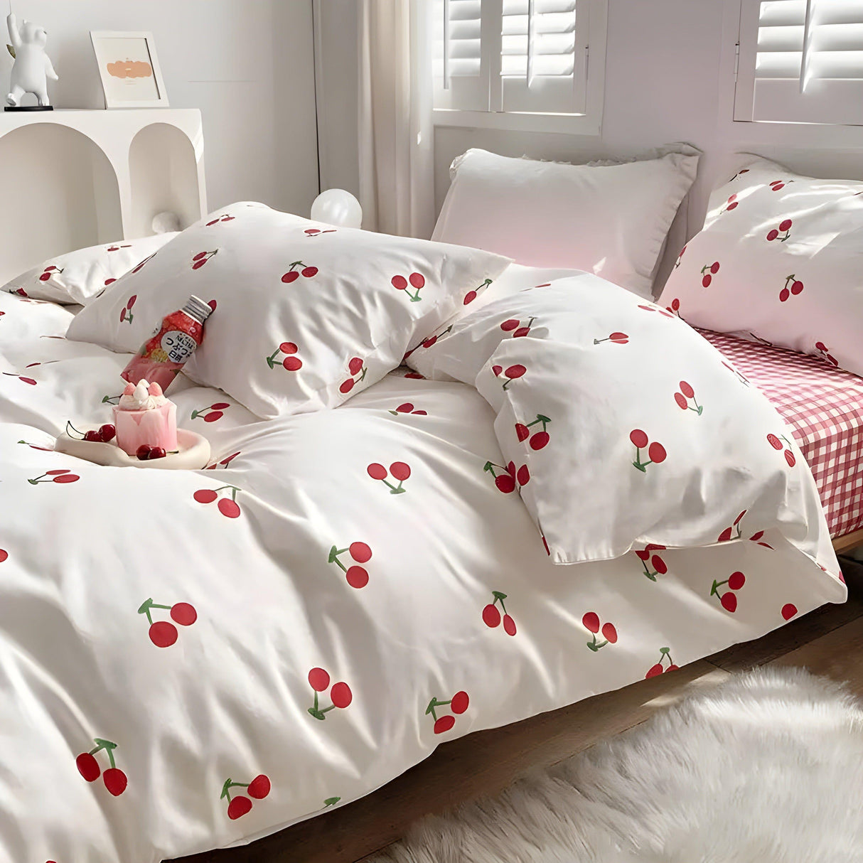 Röd Cherry Schackbräda Sängklädset För Flickor Pojkar Dubbelstorlek Flat Ark Duvet Täckande och Örngott Mjuk Säng Linne Hem Textil Carvallo
