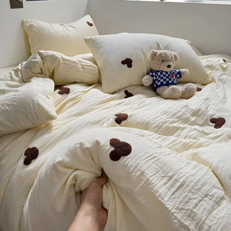 SweetNest Sängkläder Set - Avslappnad Broderad Hjärta Täcke Sängkläder Set (1 Filt + 1 Duvet Täcka + 2 Kuddöverdrag) Carvallo