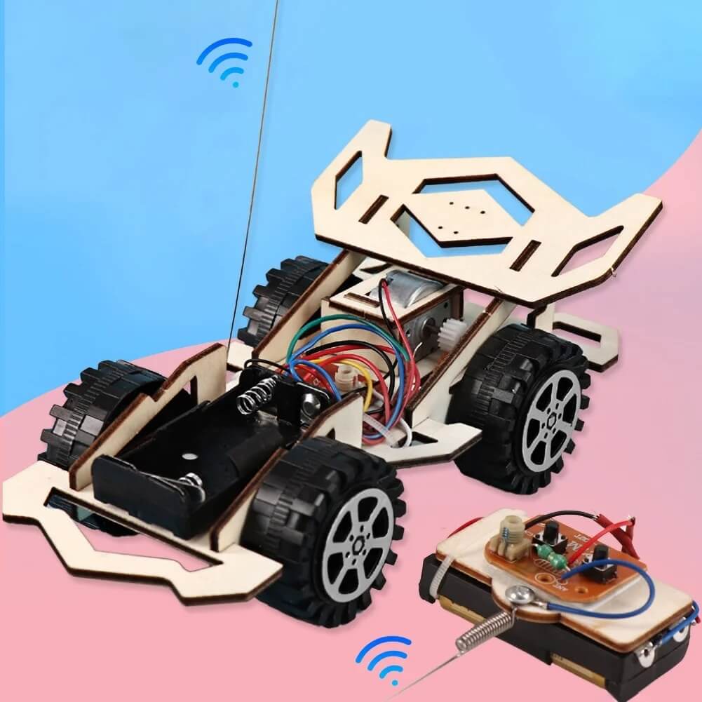 WoodiRace – Träleksaksbil med Fjärrkontroll för Barn | Monteringsbar 4-hjulsdriven DIY Teknikleksak-Remote Control Cars & Trucks-BB-Hemnix