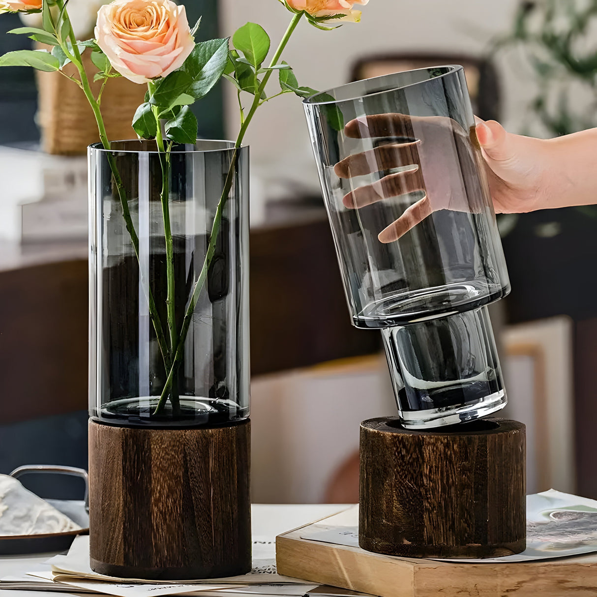 TranquilBloom Vas – Europeisk Hydroponics Trä- och Glasvas Carvallo