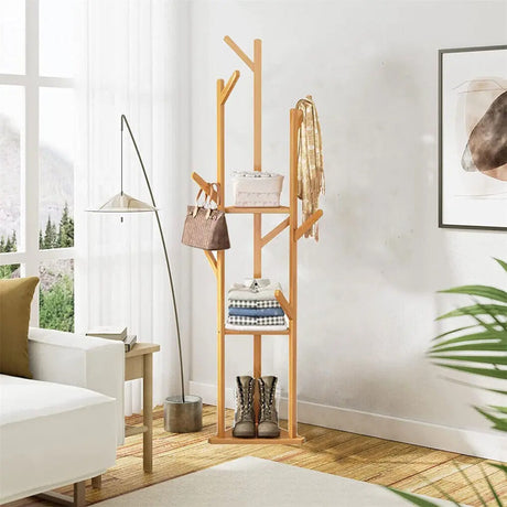 TranquilHome Ställ Hängare - Bambu Hörnträd med Krokar och Hyllor Carvallo
