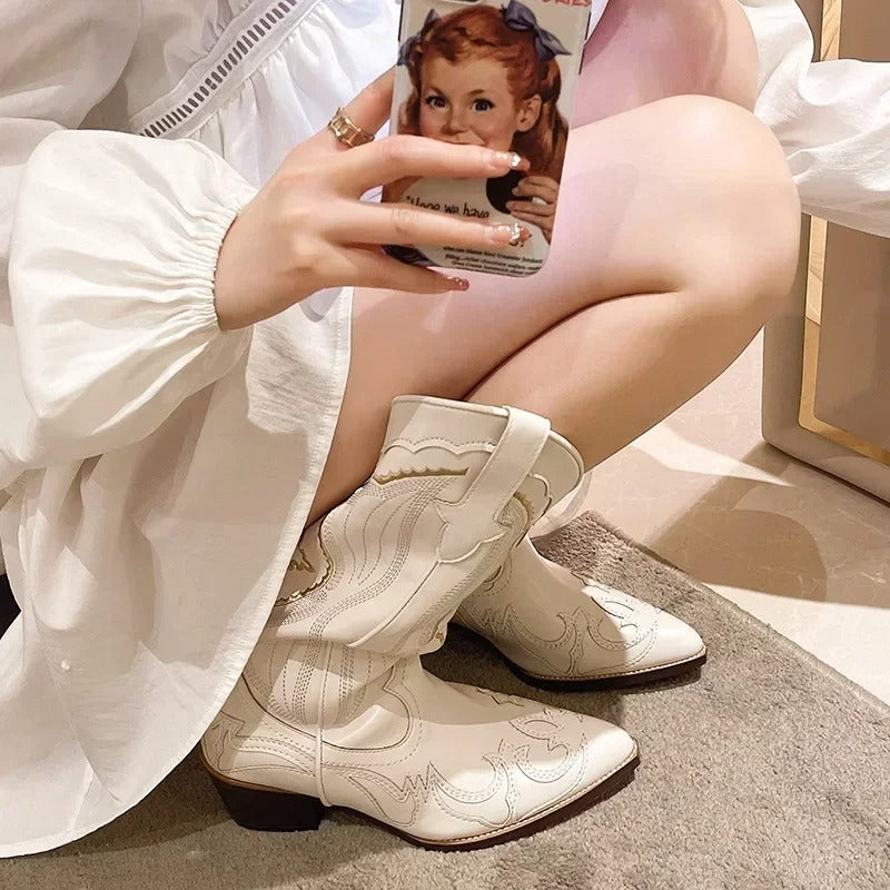 Broderade mid calf-stövlar för kvinnor-Bellasverige-Hemnix