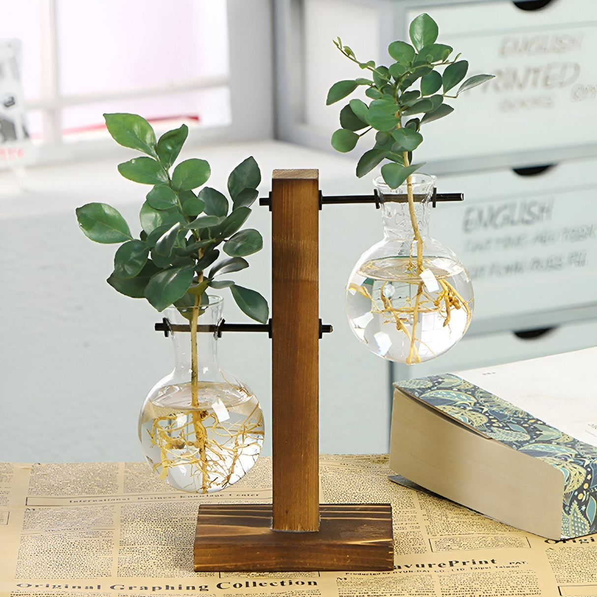 GlassHaven Vase – Hydroponiskt glasbehållare med trästativ Carvallo