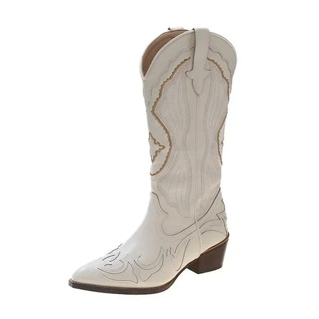 Broderade mid calf-stövlar för kvinnor Bellasverige