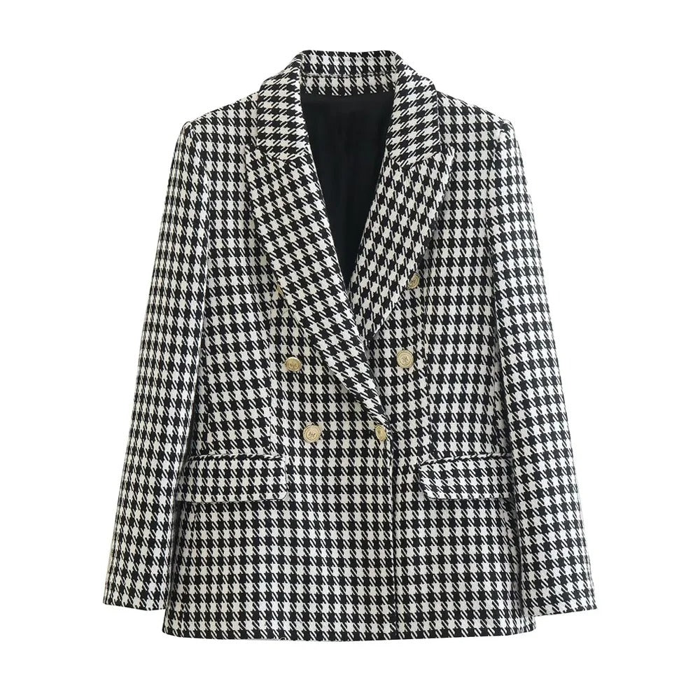 Dubbelknäppt Houndstooth Blazer för kvinnor Hemnix