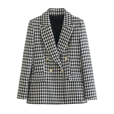 Dubbelknäppt Houndstooth Blazer för kvinnor Hemnix