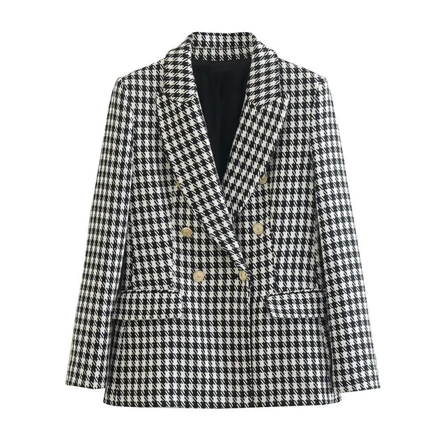 Dubbelknäppt Houndstooth Blazer för kvinnor Hemnix