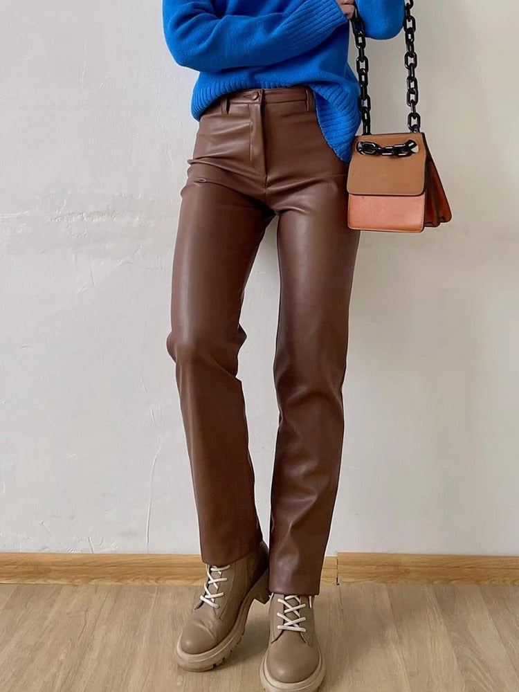 Klassiska läderbyxor för kvinnor-Bellasverige-Brun-S-Hemnix