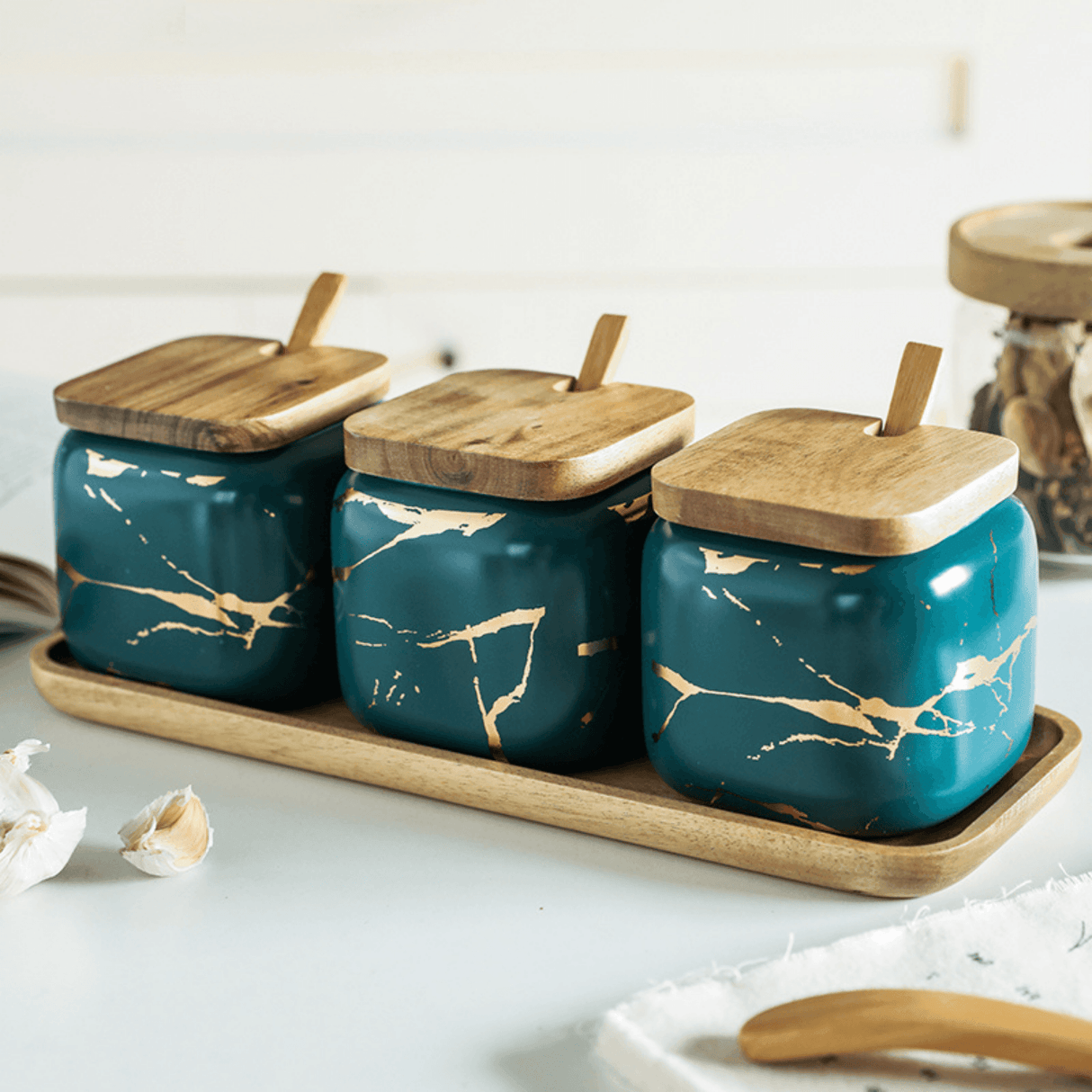 LunaMarble Krydderkrukor Set - Elegant Porslin Örter Toppar Carvallo