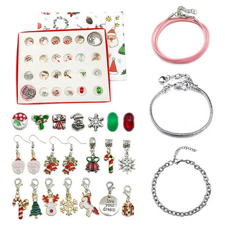 Lyxig Smyckes-Adventskalender för Barn – 24 Luckor med Armband och Berlocker för DIY Julsmycken-Adventskalender Jul-BB-Silver-Hemnix