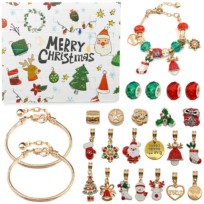 Lyxig Smyckes-Adventskalender för Barn – 24 Luckor med Armband och Berlocker för DIY Julsmycken-Adventskalender Jul-BB-Guld-Hemnix