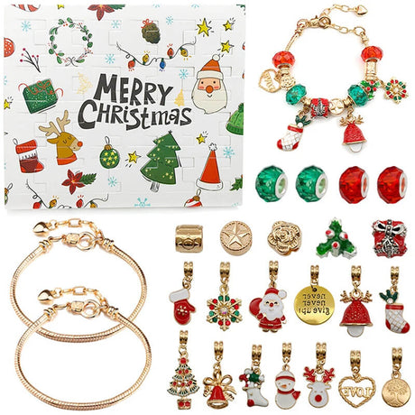 Lyxig Smyckes-Adventskalender för Barn – 24 Luckor med Armband och Berlocker för DIY Julsmycken-Adventskalender Jul-BB-Guld-Hemnix