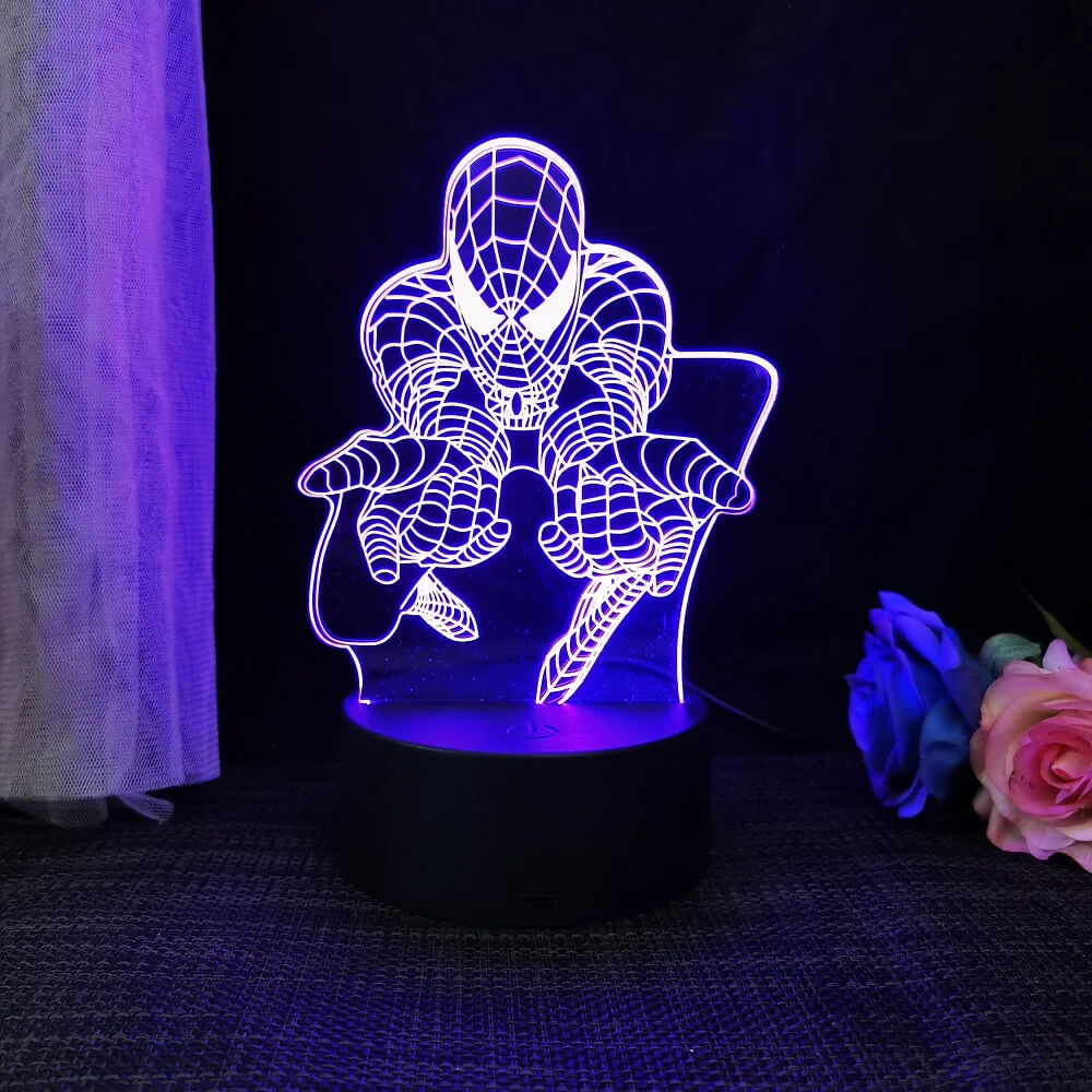 3D Superhjälte LED Nattlampa med Fjärrkontroll | 16 Färger & Touch – USB & Batteridriven Akryllampa för Barn & Gamingrum-Barn-BB-Spindelmannen 3-Hemnix