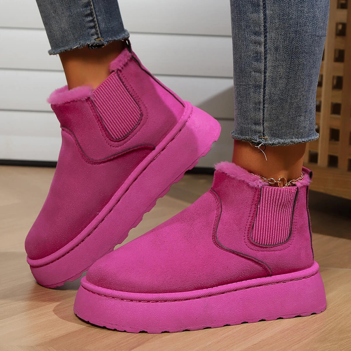 Halkfria Varma Fodrade Ankelboots för Vinter, Bekväma och Platta-Vinterskor-BB-Rosa-36-Hemnix