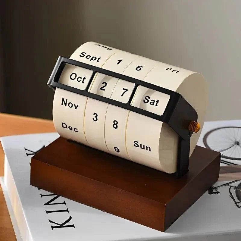 Modern evig hjul skrivbordskalender i trä och metall Carvallo
