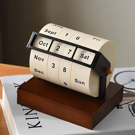 Modern evig hjul skrivbordskalender i trä och metall Carvallo