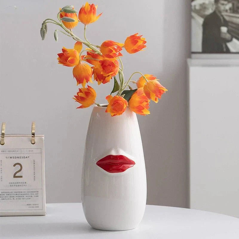Vacker Röd Läppar Porslinsvas Modern Keramisk Blomkruka Carvallo