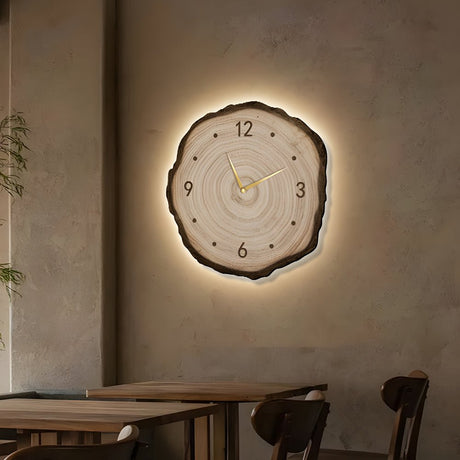 Träskiva Väggklocka | LED Ljus | Fjärrkontroll | Naturlig Rund Design | Varm Ljus Carvallo
