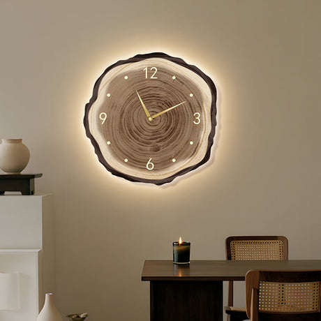 Träskiva Väggklocka | LED Ljus | Fjärrkontroll | Naturlig Rund Design | Varm Ljus Carvallo