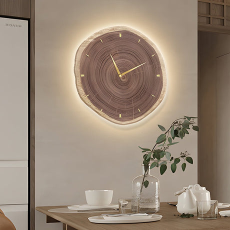 Träskiva Väggklocka | LED Ljus | Fjärrkontroll | Naturlig Rund Design | Varm Ljus Carvallo