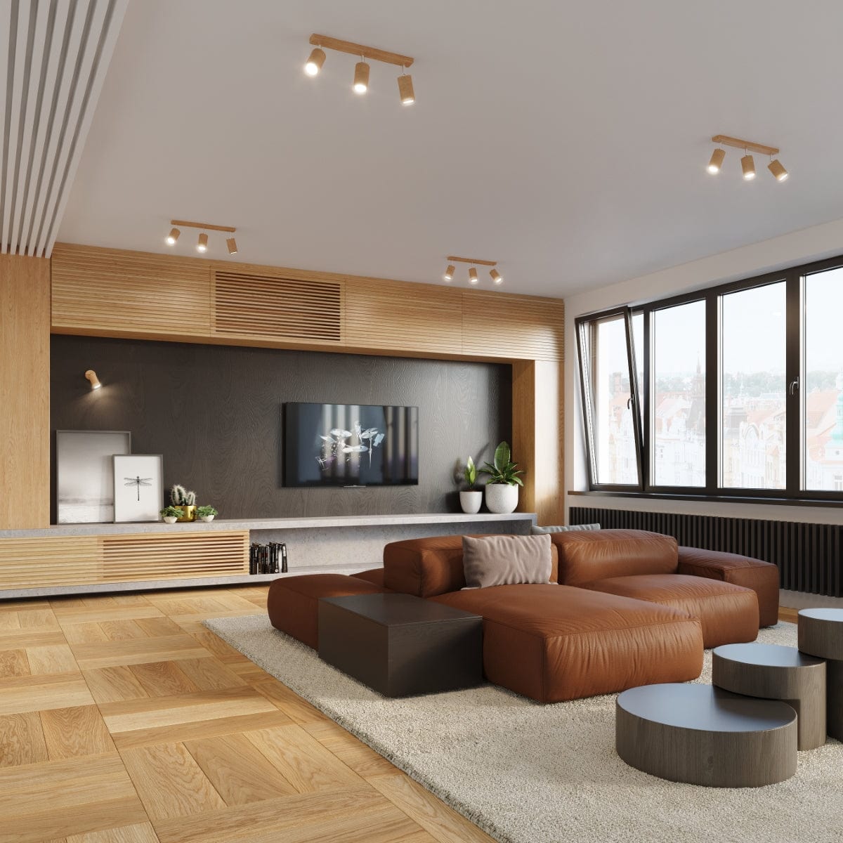 Taklampa Berg 3 Naturligt Trä - Trälampa - Tre Rörliga Lampskärmar - Stilig och Funktionell Design - Kompatibel med GU10 Glödlampor Carvallo