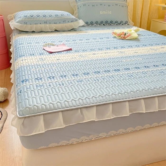 Ice Silk Latex Madrassset - Spetsstil Ice Silk Matta, Sängklädsel, Kjolstil, Halkskydd Fast Madrass Skyddande Täckning Carvallo