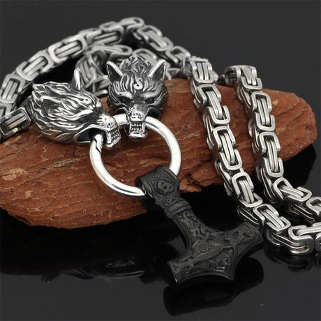 Rostfritt stål dubbelt varghuvud & Mjolnir Survival Spirit Halsband/armband MILA Sverige