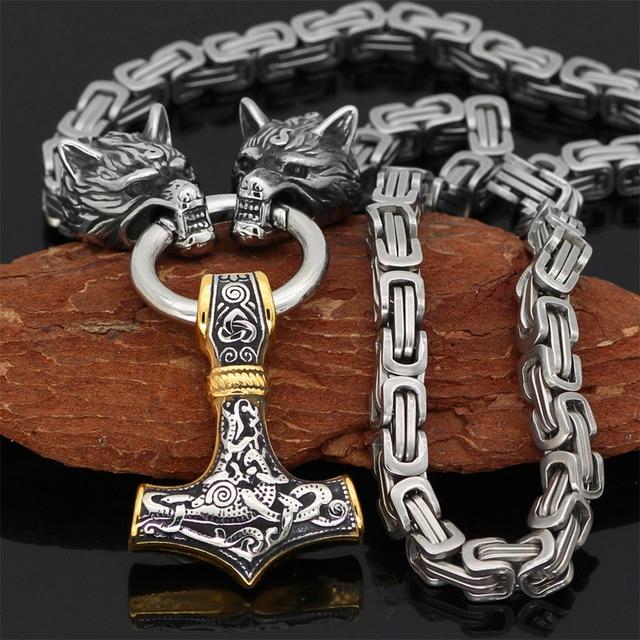 Rostfritt stål dubbelt varghuvud & Mjolnir Survival Spirit Halsband/armband MILA Sverige