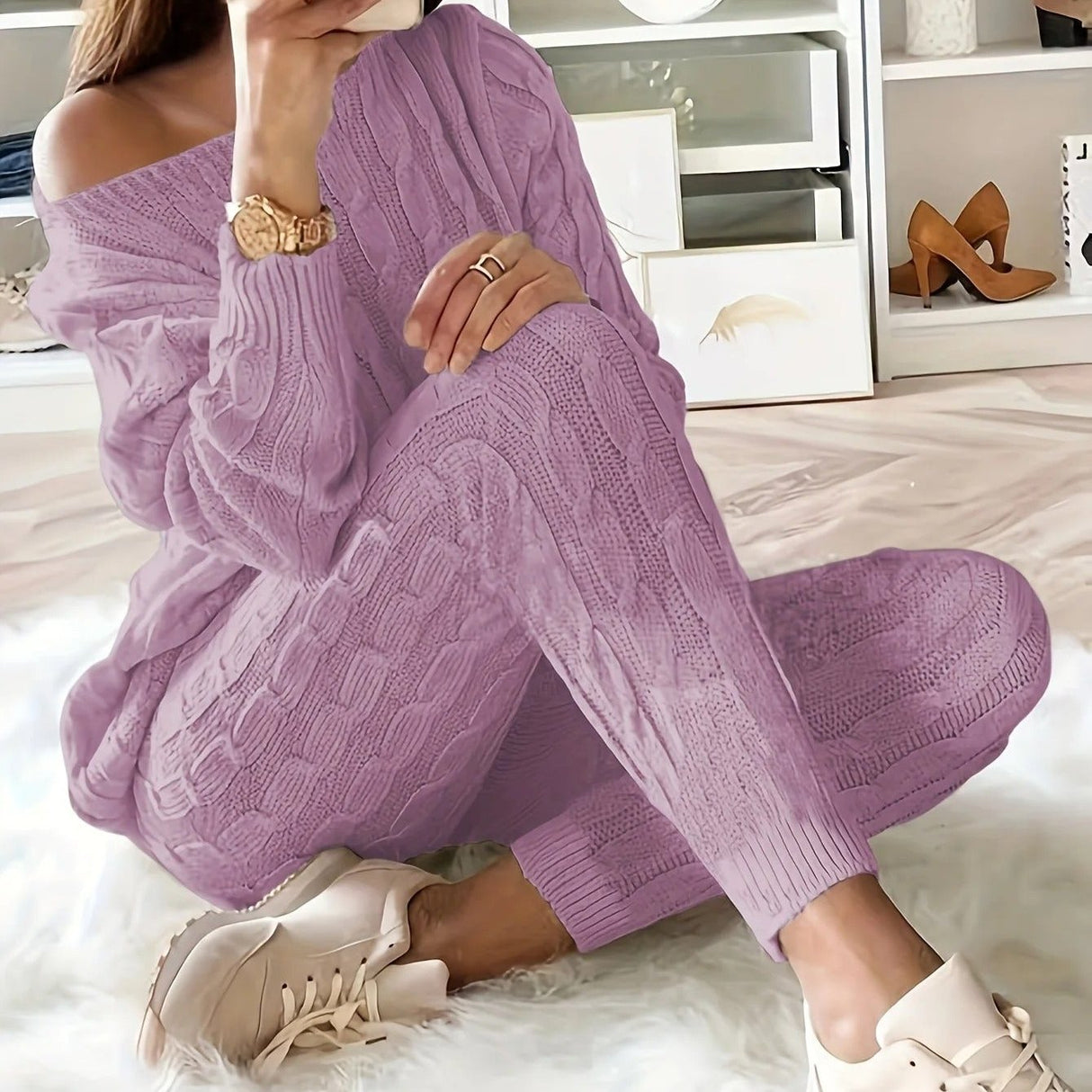 Stickad tröja & byxor för kvinnor-Hemnix-Lila-S-Hemnix