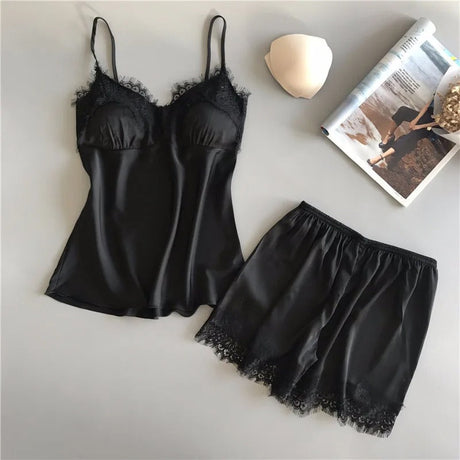 V-Neck Satin Sleepwear Set för kvinnor-Bellasverige-Svart-S-Hemnix