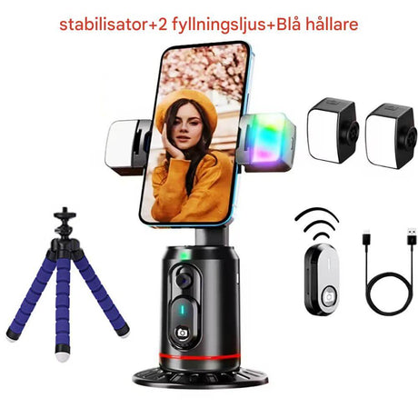 AiveloTrack – AI 360° Ansiktsspårande Mobilhållare | Handsfree-inspelning för Vloggar, Livesändningar & Videosamtal-Video Tripods-BB-Med stabilisator / 2 fyllnadsljus och blå stativhållare-Hemnix