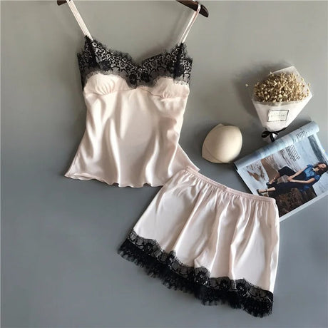 V-Neck Satin Sleepwear Set för kvinnor-Bellasverige-Beige-S-Hemnix