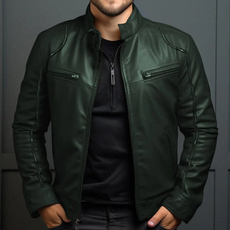 Läderjacka med ståkrage för män-Hemnix-Grön-S-Hemnix