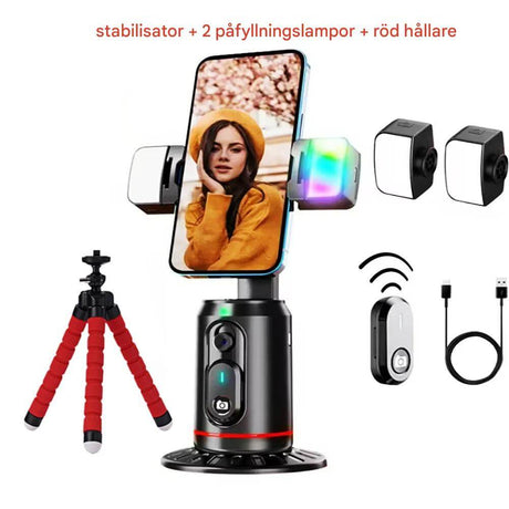 AiveloTrack – AI 360° Ansiktsspårande Mobilhållare | Handsfree-inspelning för Vloggar, Livesändningar & Videosamtal-Video Tripods-BB-Med stabilisator / 2 fyllnadsljus och röd stativhållare-Hemnix