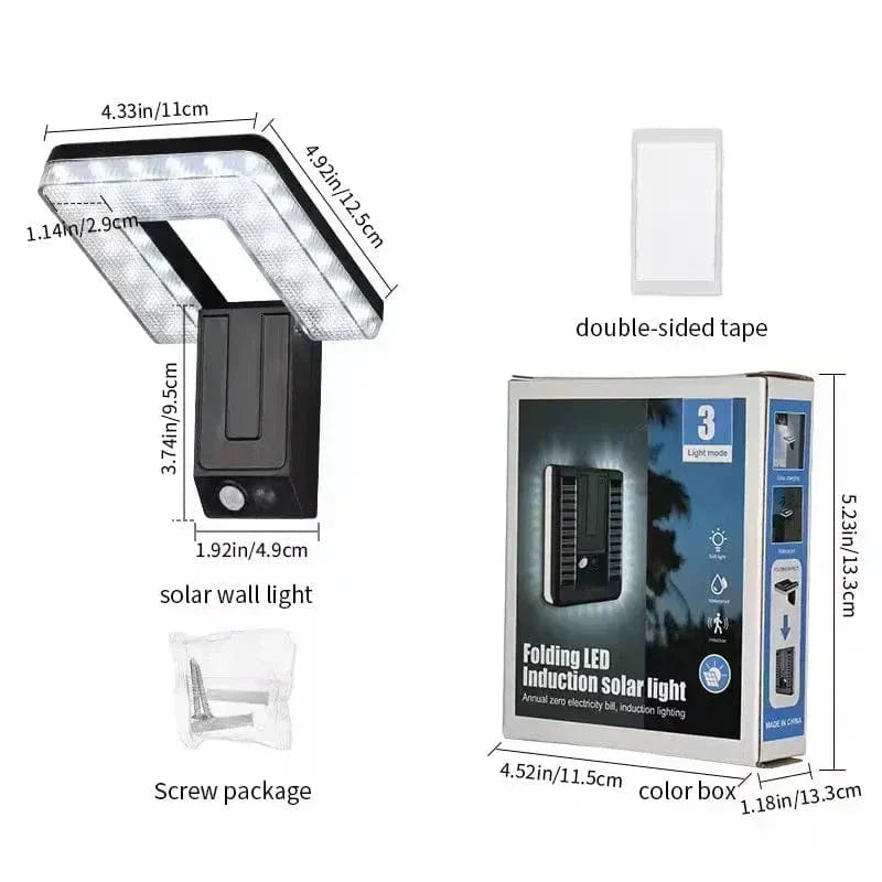 Fällbar Solvägglampa Med Rörelsesensor – Vattentålig - Justerbart 120° Huvud - Energisparande - 3 Belysningslägen - Utomhusbruk Carvallo